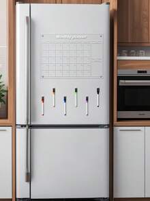 1pc Transparent Acrylic Monthly Planner Magnetic Fridge Magnet, Erasable Refrigerator Memo Board With 6 Magnetic Whiteboard Markers - I - View 6