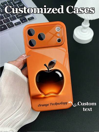 1pc Customizable Text With Ombre Black-Orange Crystal Apple Design Tempered Glass Phone Case, Suitable For IPhone 17 ProMax/17 Air/15/16 Pro/14 Plus/13 Pro/12 Pro Max/11, UV Printing, Tempered Glass Camera & Back Protection, Large Screen View, Best Gift For Friends And Family