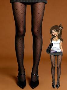 1双黑色透明四叶草提花性感幸运图案连裤袜，日常穿着 - 彩色 - 查看 3