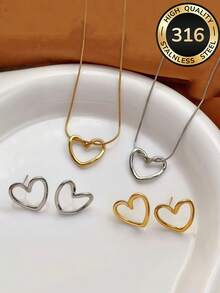 Bộ dây chuyền và bông tai hình trái tim bằng thép không gỉ 316, dây chuyền choker hình trái tim tối giản thanh lịch, không gây dị ứng, không phai màu, đa năng, thích hợp đeo đi làm và hẹn hò, quà tặng kỷ niệm, quà tặng ngày Valentine cho người yêu. - bộ hình trái tim - Xem 3