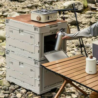 1pc Foldable Storage Box, Suitable For Camping; Multifunctional Portable Car Storage Box With Thick Wooden Lid; Home Storage Box