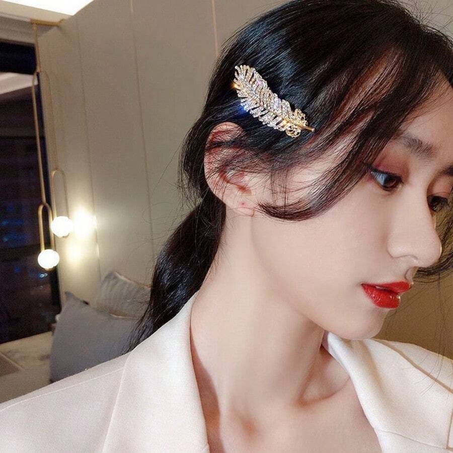 5pcs Feather Barrette With Rhinestones, Korean Style Metal Hair Clips For Women And Girls - Champagne - View 1