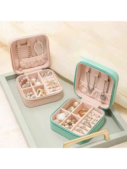 1pc Mini Jewelry Storage Display Travel Jewelry Zipper Box, Earrings Necklace Ring Portable Leather Jewelry Case