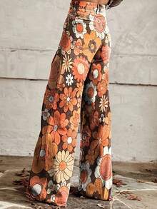 Women'S Retro Wide Leg Pants - Vibrant Multicolor Floral Print (Orange/Red/Yellow) - Structured Non-Stretch Fabric - Autumn Casual To Semi-Formal Trousers - Vintage 70s/80s Inspired Outfits - Non-Stretchy Pants For Women - Plus Size Friendly - Easy - 混合顏色 - 查看 3