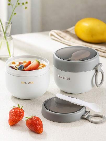 1pc White Oatmeal Cup, Microwave , Suitable For Work, School And Outdoor, Salad Cup, Insulated Set. Compartment Lunch Box, Back To School Student Supplies