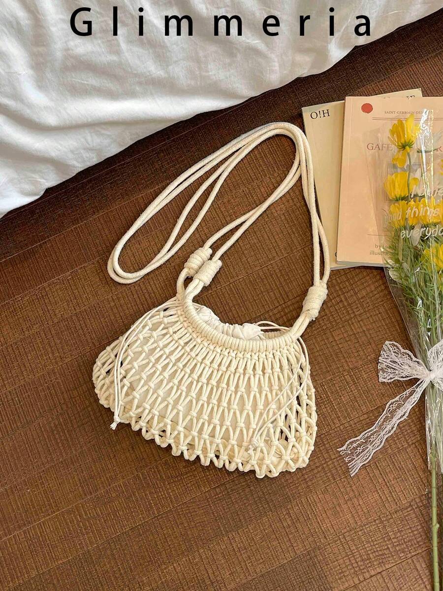 French Hollow Out Niche Casual Large Capacity Woven Shoulder Tote Bag, Minimalist Artistic Spring/Summer New Beach Vacation Style Crossbody Bag