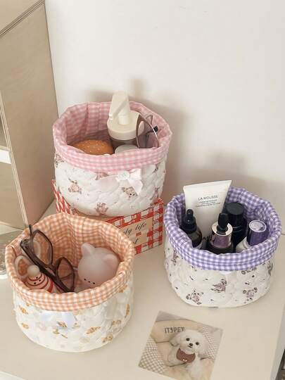 心形绗缝收纳篮迷你方形收纳盒可爱格子图案护肤品收纳箱柔软布艺化妆品收纳袋大容量桌面物品整理箱化妆工具收纳刷收纳袋