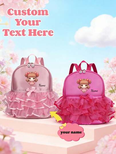 A Personalized Mini Casual Chic Minimalist Multipurpose Solid Color Backpack, Decorated With Bow And Lace Trim, Featuring Ballet-Inspired Printed Pattern. Suitable For Daily Use, Outings, Shopping And School. Also Makes A Great Birthday Or Back-To-School Gift.