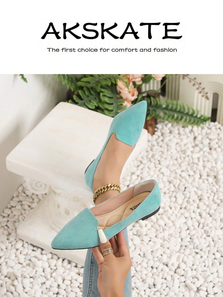 Women's Pointed Toe Flat Shoes, V-Cut Vamp Slip On Casual Dress Flats, Soft Padded Insole Anti-Slip Outsole, Multi Bright & Classic Solid Color Options, Comfortable Everyday Footwear For Office Work Daily Commute Shopping Weekend Outings - 天藍色 - 查看 1