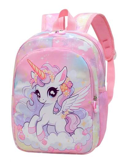 1pc Girls Cartoon Unicorn Nylon Zipper Closure Cute Backpack, Suitable For Daily Use