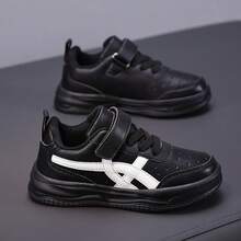 男童黑色休闲运动鞋，白色点缀，魔术贴搭扣，防滑PU皮革学生鞋 - 黑色 - 查看 12