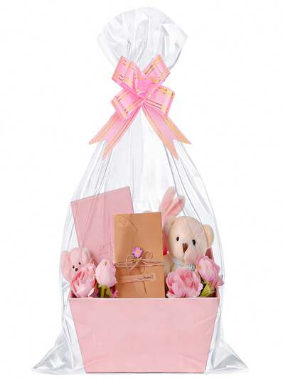 10/20pcs, Of Transparent Basket Bags, Large Size Glassine Paper Packaging (For Baskets And Gifts), With Pink Bows, Suitable For Weddings, Valentine'S Day, Mother'S Day, Birthdays, And Event Party Gift Wrapping