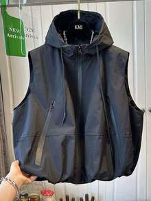 2026 Spring & Autumn New Women's Colorblock Drawstring Pocket Zipper Windbreaker Vest, Fashionable Casual Sleeveless Top Black - Black - View 8
