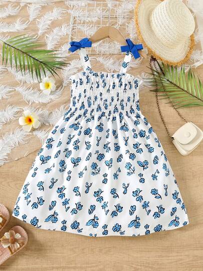 Girls' Summer Casual Vacation Floral Print Dress With Bow Shoulder Straps And Wrap Skirt Design, Suitable For Vacation, Parties, Festivals And Outdoor Wear