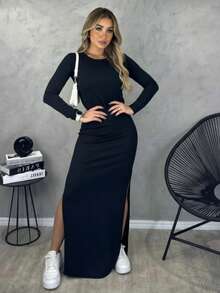 Women's Midi Long Dress With Slit And Long Sleeves - Versatile, Casual, Elegant, And Non-Transparent - 黑色 - 查看 1