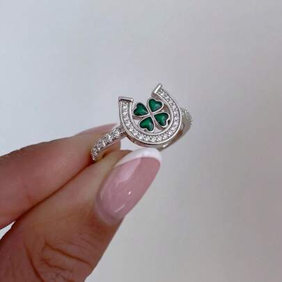 ESBERRY 1枚女士复古纯银幸运马蹄铁四叶草戒指，适合日常佩戴、派对装饰、节日礼物、精致珠宝礼品