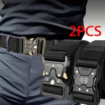 2pcs Casual Belt With Quick Release Buckle, Comfortable Fashion Sports/Tactical Belt For Outdoor, Military Training, Canvas, Nylon Webbing, Solid Color