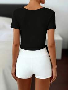 Women's Black V-Neck Wrap Short Sleeve Sweater, Fashionable, Elegant, Versatile, Fitted, Slimming - Black - View 2