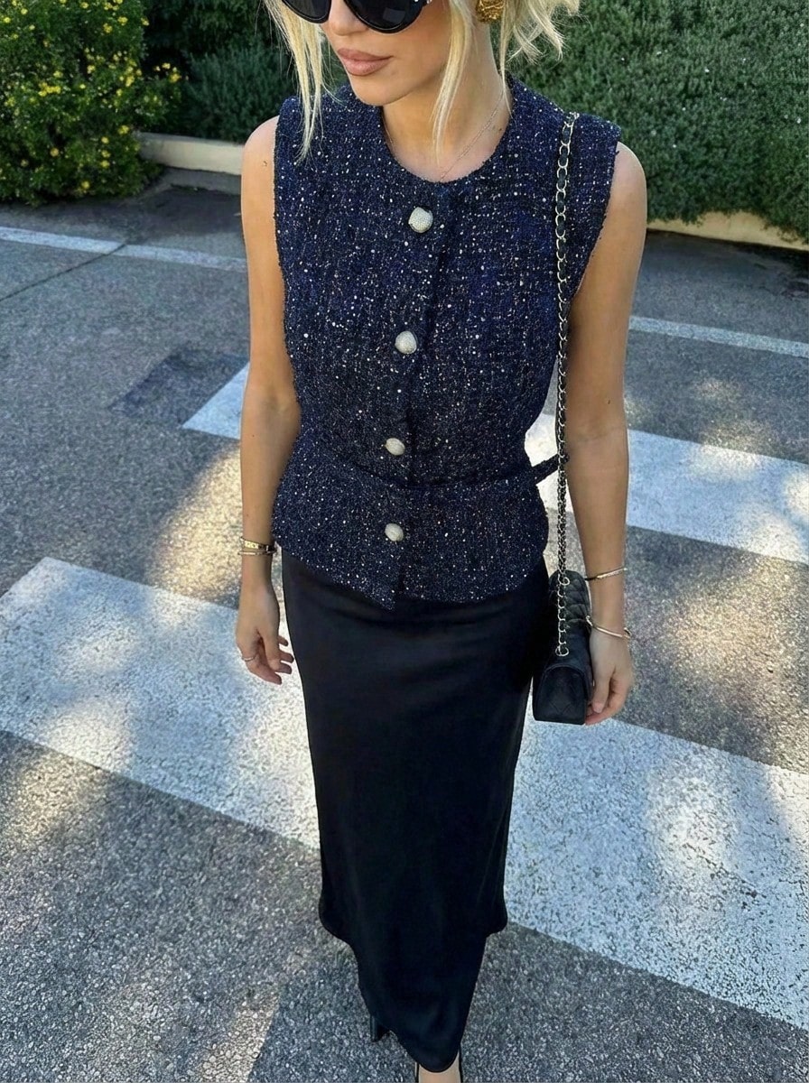 Buzzelle Áo hai dây nữ có khuy cài, viền bèo nhún, dây đeo bản rộng, áo blazer mỏng không tay cài khuy kim loại kiểu Pháp cơ bản dành cho nữ mùa hè. - Xanh và trắng - Xem 1