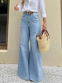 Quần jeans cạp cao phong cách American Baddie, quần jeans ống đứng dáng rộng kiểu retro dành cho nữ, phù hợp cho mọi mùa. - Rửa nhẹ - Xem 8