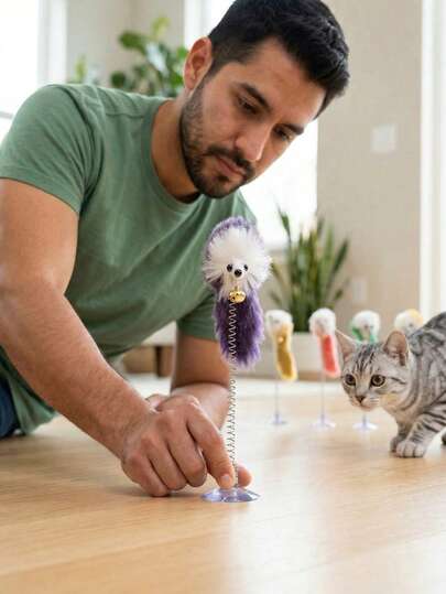 Interactive Cat Toy Wand With Suction Cup Base, Feather And Plush Mouse Accessories, Decorated With Bells, Stimulates Cats' Play Interest And Intelligence, Suitable For All Cat Breeds, Indoor Cat Toy