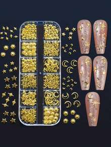 12-Panel Gold Moon & Star Metal Nail Art Accessories 3D Y2K Jewelry Crystal Steel Bead Nail Decor Nail Art Supplies DIY Nail Art Gems Nail Art Products Nails - Gold - View 9