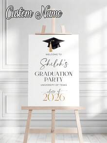 Personalized Black Gold Graduation Poster, Graduation Celebration Welcome Sign With Name And Photo, Graduation Party Welcome Board, Customized Frameless Glossy Canvas Poster, Graduation Photo Collage - Multicolor - View 1