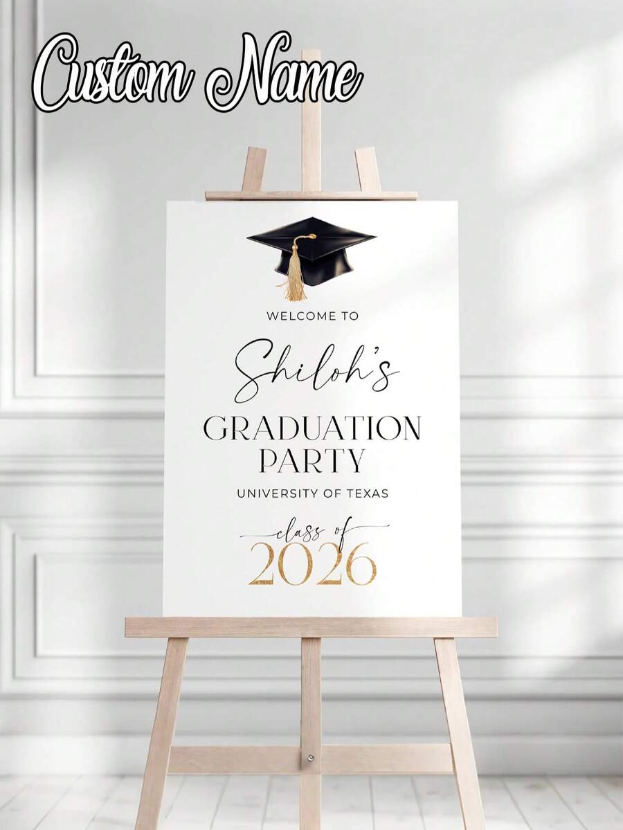 Personalized Black Gold Graduation Poster, Graduation Celebration Welcome Sign With Name And Photo, Graduation Party Welcome Board, Customized Frameless Glossy Canvas Poster, Graduation Photo Collage - Multicolor - View 1