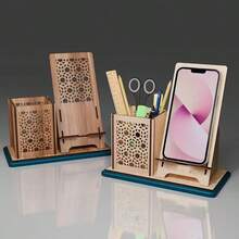 DIY Wooden Pencil + Phone Holder & Stand, Multifunctional Desktop Organizer, Office Supplies Storage, Self-Assembly Stand & Pen Holder - Pen Holder + Phone Stand In One - View 5