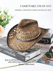 1顶男女通用宝石装饰西部牛仔帽，镂空印花草帽，春夏旅行防晒沙滩帽，休闲遮阳帽（收到产品后，如果帽檐变形，需要手动调整恢复原状） - A - 查看 28