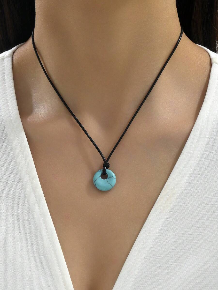 1pc Minimalist Stone Pendant Necklace, Suitable For Daily Wear - Turquoise - View 1
