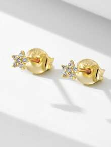 1 Pair S925 Sterling Silver Flower Earrings, Minimalist Fashionable Petite Star Stud Earrings With Diamonds For Women - Yellow - View 2