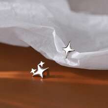 Asymmetric Star Stud Earrings For Women, Minimalist Four-Pointed Star & Double Star Design, Hypoallergenic Daily Wear Jewelry - Gold - View 6