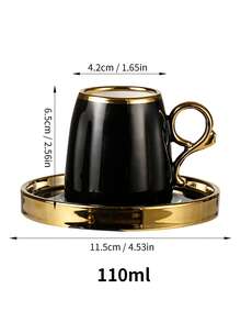 1 Cup 1 Saucer / 6 Cups 6 Saucers, 110ml + 4.5inch Ceramic Cup & Saucer Set, Electroplated Gold Design, Luxury Minimalist Style, Coffee/Tea Set For Home, Office, Living Room, Kitchen, Gift - Black - View 6