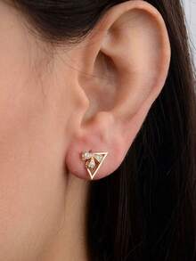 1 Pair Boxed Gold Geometric Triangle Earrings With Sparkling Rhinestone Bow, Sweet & Fashionable Jewelry, Suitable For Daily Wear And Parties, Ideal Gift - Gold - View 3