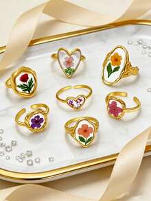 New Handmade Dried Flower Oil Drop Ring, Creative Stainless Steel Oval Heart Shaped Dried Flower Handmade Oil Drop Open Ring, Sweet Cute Everlasting Flower Ring For Women, Non-Fading - Multicolor - View 1
