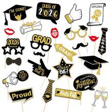 25pcs 2026 Graduation Photo Prop Set, Funny Photo Booth Props For Graduation Party, Classmate Reunion Decorations - Black Gold - View 6