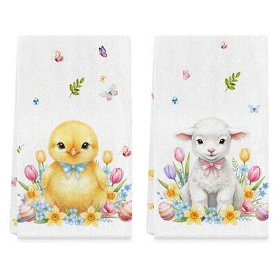 2pcs Easter Dishcloths, Colorful Eggs, Lilies, Lambs, Chicks Kitchen Towels, Seasonal Spring Decor Hand Towels, Suitable For Drying Hands And Cooking, Machine Washable, Modern Farmhouse Style