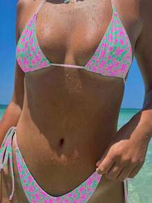 Polovedo Official New Arrival Spring/Summer Fashionable Casual Green Floral Print Women's Halter Tie Bikini Set Set, Suitable Beach, Vacation, And Dates - In ấn 4 - Xem 5