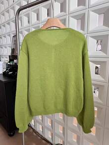 [Áo] Áo khoác cardigan dài tay màu trơn, kiểu dáng tối giản, phù hợp công sở, cổ điển, đơn giản, phong cách Pháp, áo cardigan dệt kim màu trơn thắt nơ phía trước dành cho nữ, có thể mặc ngoài áo sơ mi, áo cardigan dáng rộng dễ thương. - Màu xanh Ô liu - Xem 5