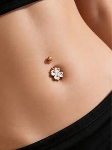 1件时尚精致铜质镶嵌锆石四叶草肚脐饰品，闪亮立方氧化锆身体穿刺饰品，情人节礼物 - 彩色 - 查看 1