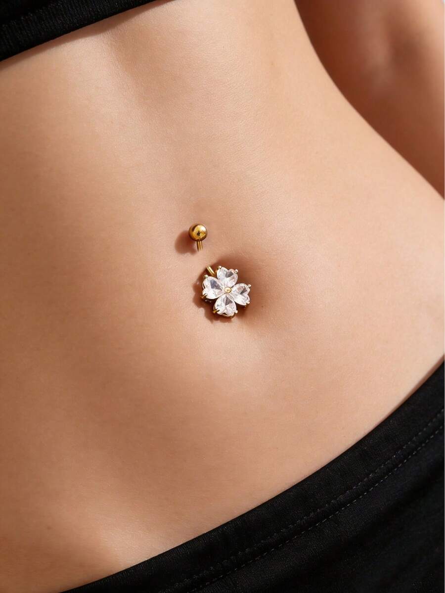 1件时尚精致铜质镶嵌锆石四叶草肚脐饰品，闪亮立方氧化锆身体穿刺饰品，情人节礼物 - 彩色 - 查看 1