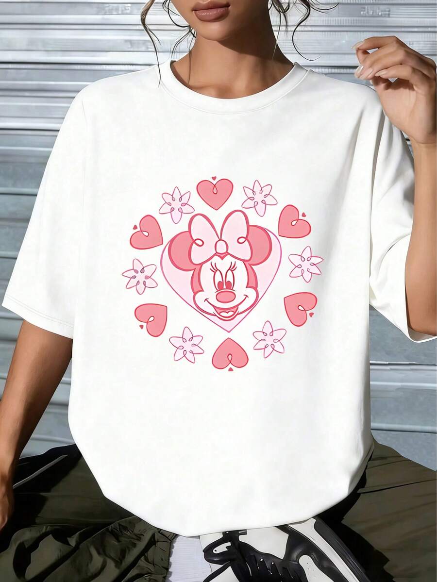 Soft, Breathable Unisex Short-Sleeve Cotton T-Shirt, Disney Minnie Mouse Pink Heart & Flower Wreath Graphic Print, Cute Casual Style, Everyday Outfit, Pullover TeeMade From Soft, Comfortable, And Durable Pure Cotton, This Is An Ideal Choice For Spring And Summer. This Crew Neck T-Shirt Is Suitable For Various Occasions, Including Everyday Wear, Shopping, Parties, Travel, And Gatherings, And Also Makes A Thoughtful Gift. - White - View 1