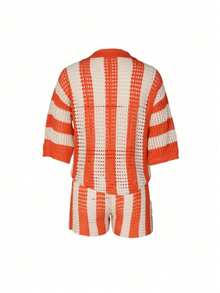 Plus Size Women V-Neck Colorblock Striped Hollow Button Dropped Shoulder Short Sleeve Hollow Sweater, Suitable For Beach, Date Night, Vacation, Office, Daily Wear, Travel, Tea Party, Airport, Formal Evening, Spring/Summer Elegant - Orange - View 5