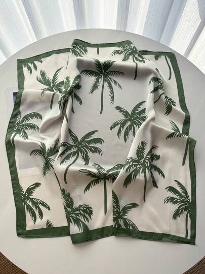 1条新款椰树图案撞色印花围巾，轻薄防晒披肩，女士头巾，仿丝方巾，手提包装饰丝带，适合海滩、街头、日常、度假等场合，时尚百搭。