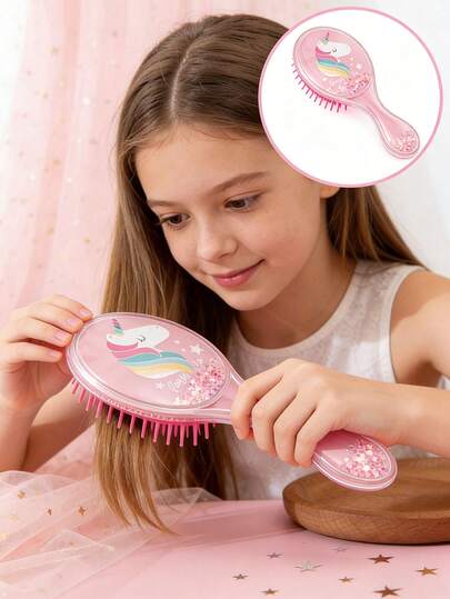 一包可爱的粉色独角兽造型梳子，带有彩色亮片
