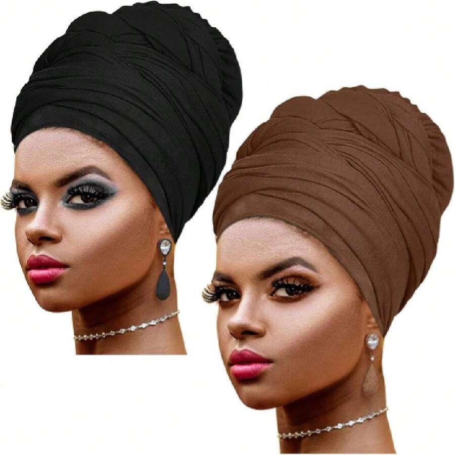 Ankara - Soft African Print Headscarf For Long Hair, Head Wrap, Turban, Tie, African Fabric, 2pc Black And Brown, 42543439 - 橘色 - 查看 1