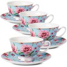 BTaT- Juego de 6 tazas de té y platillos florales 8 onzas de porcelana para fiesta de té rosa regalo del día de la madre - Azul - Ver 7