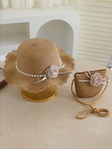 Girls' Straw Hat With Ribbon Flower, Wavy Brim Fashion Sun Hat, Summer Accessory Set - Roses - View 4