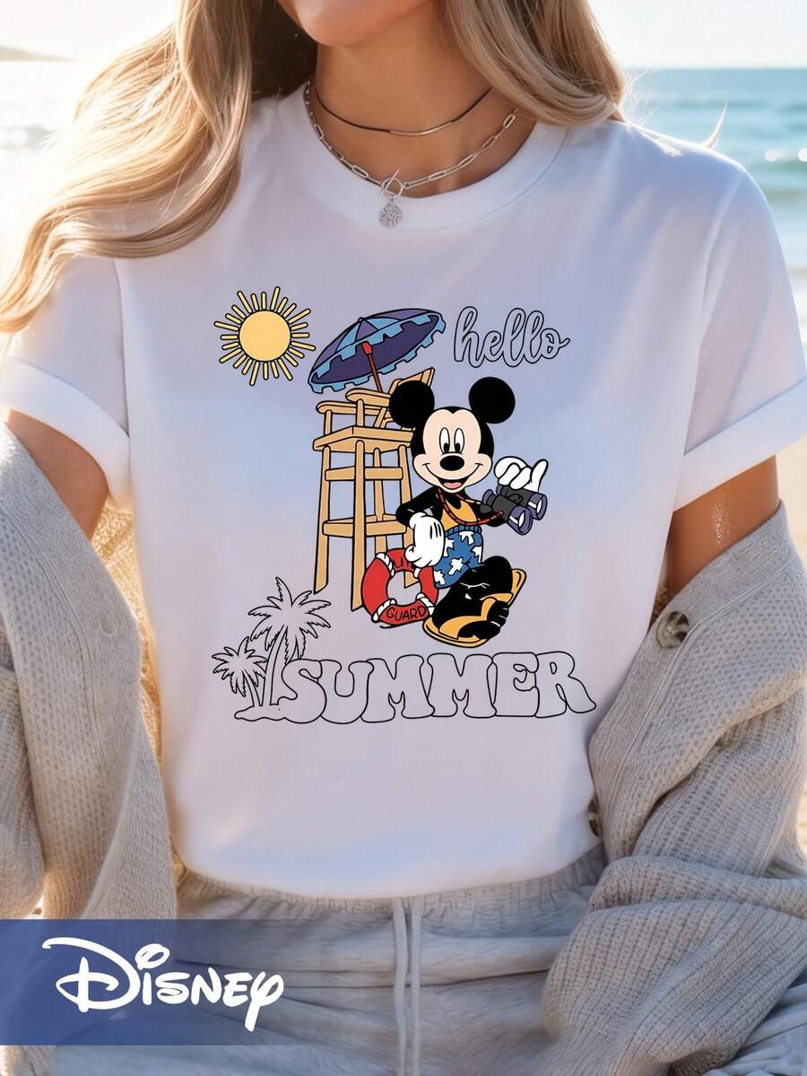 Disney Mickey Beach Vacation Style Disney Series Loose Retro Round Neck Short Sleeve T-Shirt - White - View 1